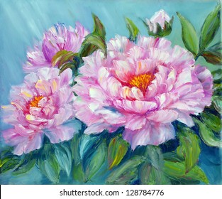 Peonies, oil painting on canvas - Shutterstock ID 128784776