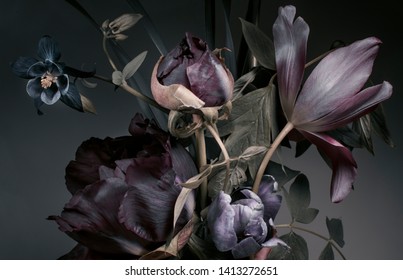 Peonies and tulips on a dark background,  bouquet, dark floral wallpaper.
