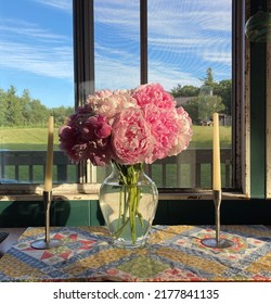 Peonies Vase In Rustic Farmhouse With Eclectic Tablecloth. Dining Centerpiece. Summer Indoor Eccentric Farm Backdrop