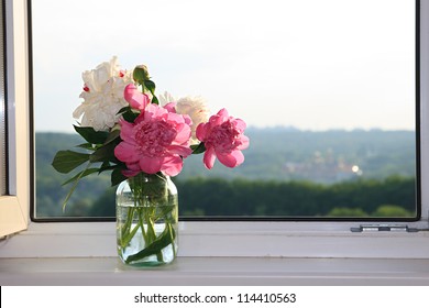 Peony Bouquet In A Glass Vase