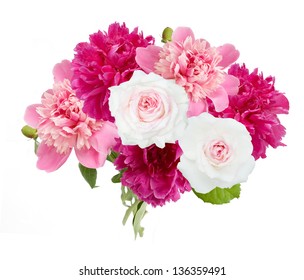 Peony and roses flowers bunch in vase isolated on white background
