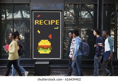 People with advertisement of 8 bit illustration of tasty burger meal