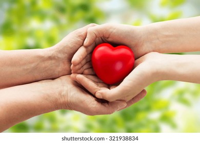 people, age, family, love and health care concept - close up of senior woman and young woman hands holding red heart over green natural background