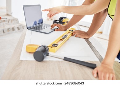 People, architects and point laptop for blueprint design, construction planning or research ideas of project floor plan. Team, contractor with digital, support and information for development goal - Powered by Shutterstock