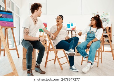 People, art class and discussion with group together, talking and friends conversation or fun activity in creative studio. Learning, speaking and collaboration with artists, painting canvas and easel - Powered by Shutterstock