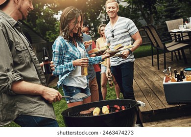 People, barbecue and serving with plate in backyard with diversity cooking and choice with meat on fire. Friends, men and women with beer, happy and relax with food by bbq grill on holiday in Florida - Powered by Shutterstock