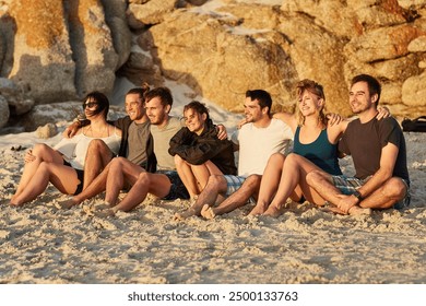 People, beach and gathering together for picnic or social as friends on holiday, vacation or break. Group, relax and fun as community for summer trip, sunset or outdoor adventure on island in Greece - Powered by Shutterstock