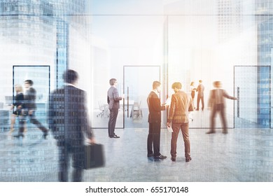 People In A Blue Transparent Office Lobby With A Conference Room And Two Open Space Offices By Its Sides. Cityscape. Blue Glass Doors. 3d Rendering Mock Up Toned Image Double Exposure