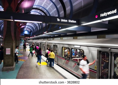 People Boarding The Subway In Los Angeles. Union Station To Hollywood.