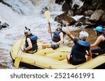 People, boat and celebrate in waterfall for rafting, sport or holiday on weekend with teamwork. Friends, rowing and happy with outdoor adventure exercise in river for travel challenge on vacation