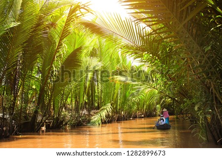 People boating in the delta of Mekong river, Vietnam, Asia