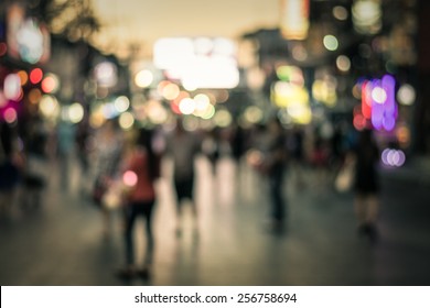 People In Bokeh, Crowd Of People In Bang La Road During Night Life, Phuket, Thailand