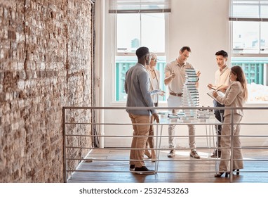 People, building model and architecture discussion in office for planning, urban development and creative with tech. Engineer team, meeting and 3D design in firm for property construction in industry - Powered by Shutterstock