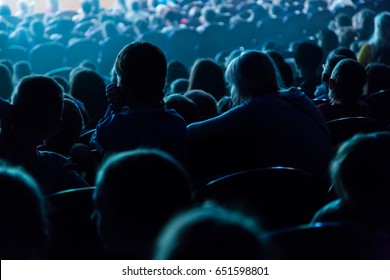 People, Children, Adults, Parents In The Theater Watching The Performance. People In The Auditorium Looking At The Stage. Shooting From The Back