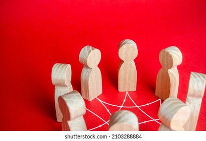 People in a circle connected by lines. Teamwork. Business meeting. Mutual relations. Cooperation in solving problems. Group therapy. Team interactions. Diplomacy, international cooperation.