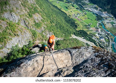 People Climbing Via Ferrata In Loen Norway