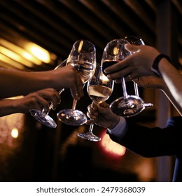 People clinking wine glasses at the event, view from below - Powered by Shutterstock