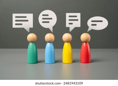 People communicate. Figures of people and speech bubbles. Unity and teamwork. Contact, communication. Exchange of opinions and experiences.