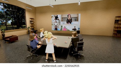 People communicate in metaverse. Office workers meet and talk in a virtual meeting room in VR work space with 3d rendering office. Human avatars celebrate an employee's birthday. Social networking - Shutterstock ID 2250162925
