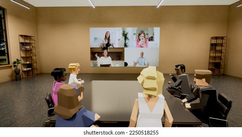 People communicate in metaverse. Office workers meet and talk in a virtual meeting room in VR work space with 3d rendering office. Human avatars interacting in cross-platform social networking - Shutterstock ID 2250518255