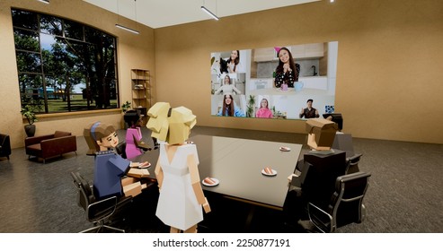 People communicate in metaverse. Office workers meet and talk in a virtual meeting room in VR work space with 3d rendering office. Human avatars celebrate an employee's birthday. Social networking - Shutterstock ID 2250877191