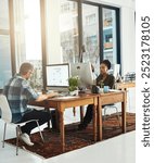 People, computer or typing in office for creativity, market research or storytelling at creative agency. Team, diversity or tech screen at table for SEO, brainstorming or proofreading article in city