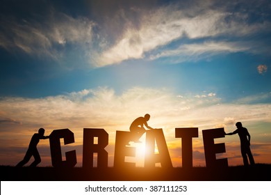 People Connect Letters To Compose The CREATE Word. Creativity, Making Art, Teamwork Concept, Idea. Sunset Positive Light.