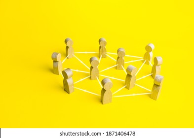 People connected by lines on a yellow background. Self-organized hierarchical business company system. Distribution responsibilities tasks between workers. High autonomy. Social management strategies