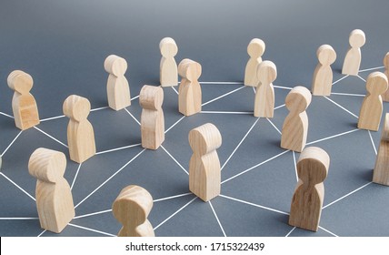 People Connected People By Lines. Society Concept. Social Science Relationships. Cooperation And Collaboration, News Gossip Spread. Teamwork. Marketing, Dissemination Of Trends And Information