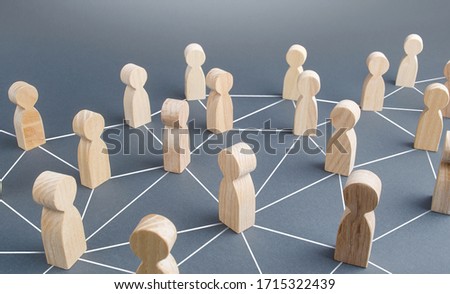 People connected people by lines. Society concept. Social science relationships. Cooperation and collaboration, news gossip spread. Teamwork. Marketing, dissemination of trends and information