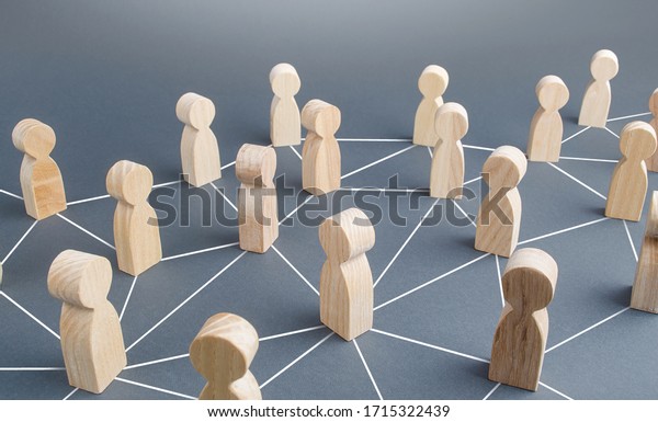 People connected people by lines. Society\
concept. Social science relationships. Cooperation and\
collaboration, news gossip spread. Teamwork. Marketing,\
dissemination of trends and\
information