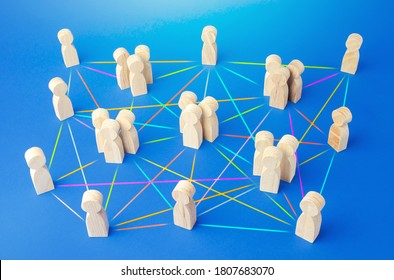People connected by many lines. Hierarchy of a business company without a dominant center. Distribution of positions and responsibilities, communication without bureaucracy. Efficiency and autonomy