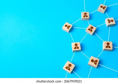 People connected in a communication network. joint participation and interaction in the group. Cooperation and globalization, contributions to projects. Decentralized networking. Connections links