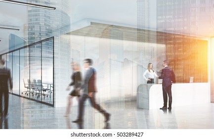 People In Corridor Of Office With Reception Counter And Meeting Room With Glass Doors. Concept Of Comfortable Workspace. 3d Rendering. Mock Up. Toned Image. Double Exposure