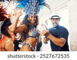 People, costume and dance for carnival, samba and celebration with performance, party and music. Dancer, happy and portrait for culture or festival with traditional outfit at event in rio de janeiro