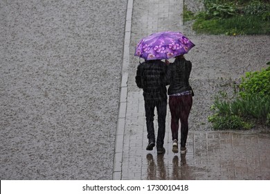 A people couple in black jackets under one bright colored umbrella walking together along the sidewalk near a large puddle with against the background of a green grass on a cold summer rainy day