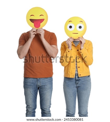 Similar – woman using smartphone sending emojis.