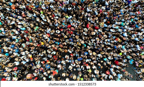 People Crowd Texture Background. Top View From Drone. 