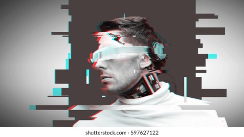 people, cyberspace, future technology and progress - man cyborg with 3d glasses and microchip implant or sensors over virtual glitch effect - Shutterstock ID 597627122