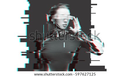 people, cyberspace, future technology and progress - woman cyborg with 3d glasses and microchip implant or sensors over virtual glitch effect