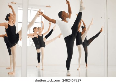 People, dance or ballet students training or learning with group or balance in class or art school. Teamwork, exercise or dancer routine in practice lesson for theater performance in ballerina studio - Powered by Shutterstock