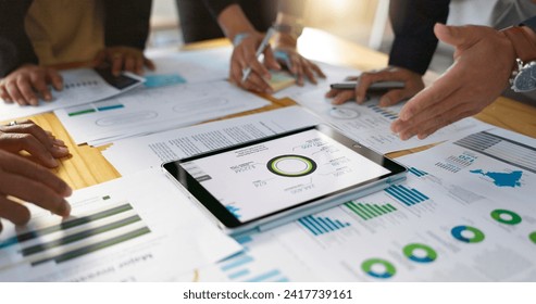 People, data analysis with tablet and documents, hands with online review in business meeting and team with market research. Statistics, analytics dashboard and digital infographic with collaboration