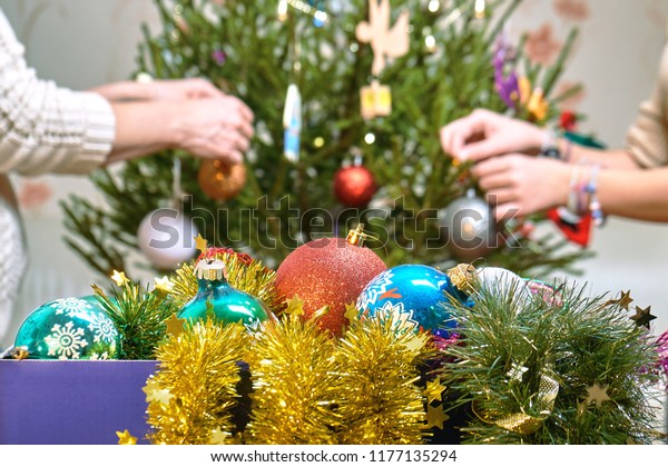 People Decorating Christmas Tree Christmas Balls Stock Photo Edit Now 1177135294