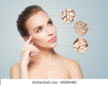 People, Dehydration, Skincare And Beauty Concept - Face Of Beautiful Woman With Damaged Dry Skin Samples