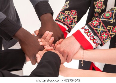 People Of Different Nationalities And Religions Together. The Concept Of Equality, Teamwork, Charity. Education Concept. 