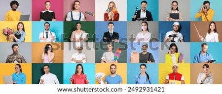 People of different professions. Collage with portraits on various colors backgrounds
