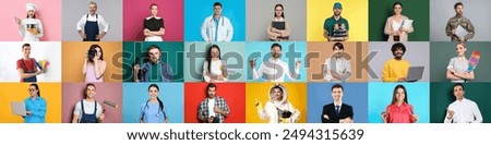People of different professions. Collage with portraits on various colors backgrounds