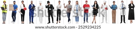 People of different professions on white background, collage