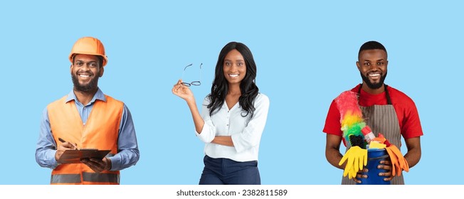 People of different professions posing over blue background, diverse african american workers in uniforms smiling and looking at camera, presenting their jobs, creative collage, panorama