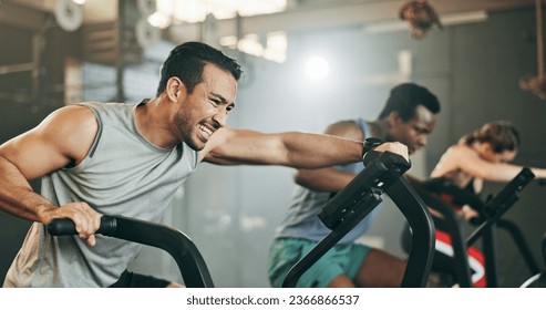 People, diversity and cycling at gym in fitness, workout or intense cardio exercise together and motivation. Diverse group burning sweat on bicycle machine for healthy body, wellness or lose weight - Powered by Shutterstock